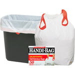 Handi-Bag branded drawstring tall kitchen bag display with a lined trash can, white bag and package label