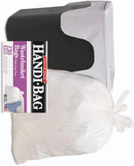 Tied white trash bag shown beside a black wastebasket with a rotated Handi-Bag product label overlay