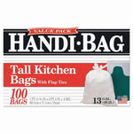 Close-up of Handi-Bag value pack front label showing 'Tall Kitchen Bags' text, a tied white bag, and size/quantity details.