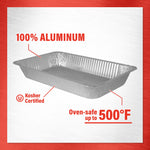 Single Handi-Foil aluminum pasta pan on a textured background with callouts reading '100% Aluminum' and 'Oven-safe up to 500°F'