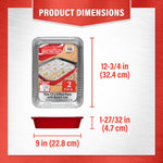 Product dimensions graphic showing Handi-Foil red 13x9 pan profile and size callouts in inches and centimeters