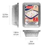 Handi-foil 13x9 pan dimensions graphic with front product label and side/profile pan views