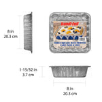 Handi-Foil 8 in square foil cake pan shown from multiple angles with dimensions callouts and product label on front