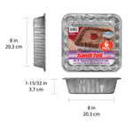 Three views of an 8 in square aluminum cake pan with dimensions annotated and Handi-foil branded packaging showing cake image and 6-pack badge