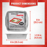 Product-dimensions diagram for a Handi-Foil Super King 8 in (20.3 cm) square aluminum cake pan showing width and height measurements.