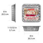 Diagram-style image showing side and front views of a Handi-foil 8-inch square aluminum pan with dimensional measurements