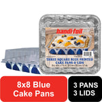 Stacked Handi-Foil 8x8 aluminum square cake pans with blue geometric print and clear plastic lids, retail label visible