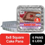 Stacked aluminum 8x8 square cake pans with clear plastic lids and branded Handi-foil label showing a frosted cake and 6-pack callout