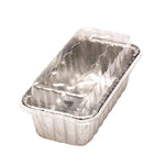 Disposable Handi-Foil aluminum loaf pan stacked with a clear plastic lid shown resting on top