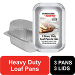 Stacked aluminum mini loaf pans with clear plastic lids and product label showing a sliced loaf on a plate