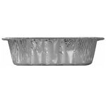 Side-profile close-up of an empty aluminum roaster pan showing the pan depth and crimped rim