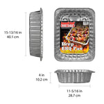 Handi-Foil BBQ King extra-deep aluminum pan shown front and side with dimensions callouts