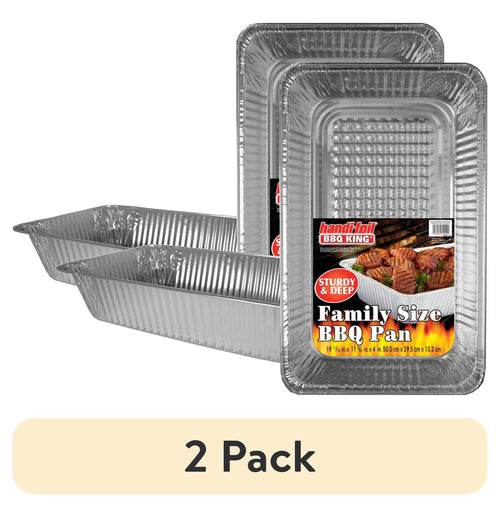 Two extra-deep rectangular aluminum foil pans with a printed BBQ King family-size label