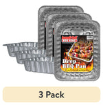 Three stacked Handi-Foil BBQ King extra-deep disposable aluminum pans with product label