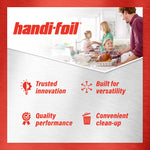 Handi-Foil brand graphic with family kitchen scene and icons highlighting trusted innovation, versatility, quality and easy cleanup
