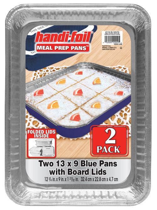 Close-up of Handi-foil product label inside an aluminum 13x9-style pan showing 2-pack badge