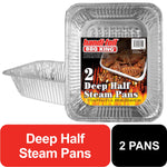 Two Handi-Foil aluminum deep half steam pans with branded full-color product label on top pan
