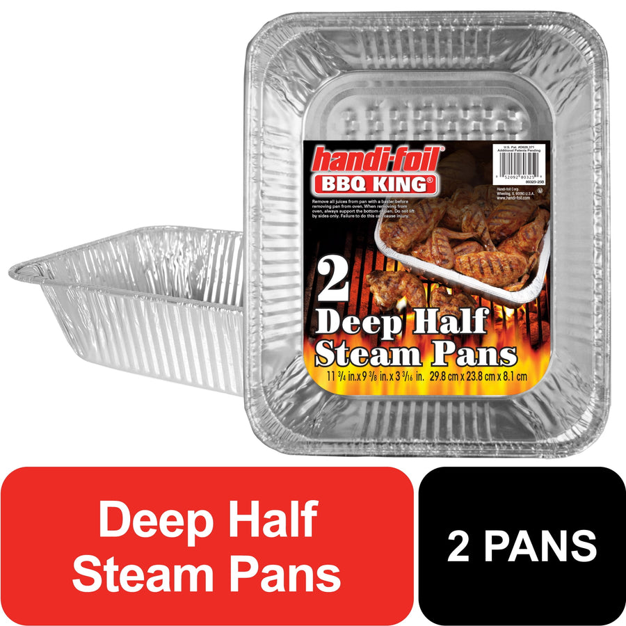 Two Handi-Foil aluminum deep half steam pans with branded full-color product label on top pan