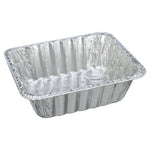 Angled perspective of an empty Handi-Foil disposable aluminum pan showing interior fluted walls and rounded corners