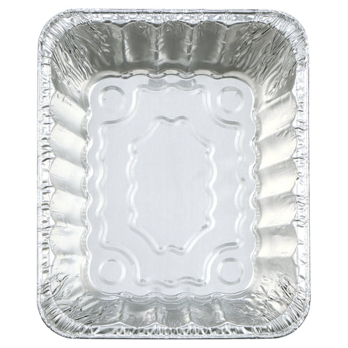 Top-down view of an empty rectangular disposable aluminum pan showing embossed base pattern and fluted sides