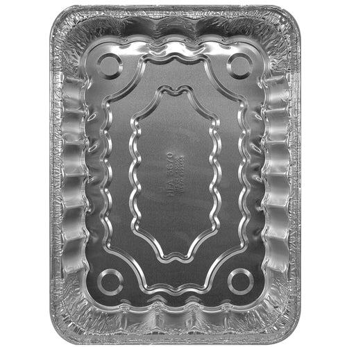 Empty embossed Handi-Foil disposable aluminum lasagna pan shown from above