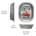 Diagram-style image of an extra-deep oval aluminum roaster pan with dimensions and product label visible