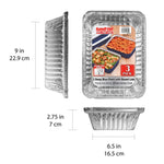Three-view product image of a Handi-foil oblong foil pan showing side, front and top dimensions with packaging label