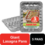 Handi-Foil labeled aluminum lasagna pan with product insert showing a cooked lasagna and a red "5 pack" badge