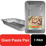 Handi-Foil giant pasta pan shown front and side with product label and graphic tiles stating 'Giant Pasta Pan' and '1 PAN'