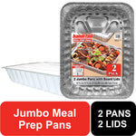 Two rectangular aluminum meal prep pans with one visible folded board lid and a product label showing food inside