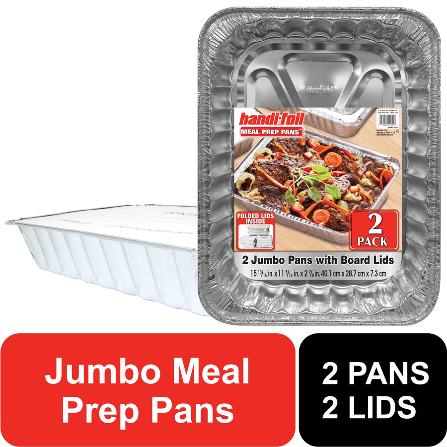 Two rectangular aluminum meal prep pans with one visible folded board lid and a product label showing food inside