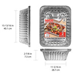Three views of a jumbo rectangular aluminum pan with dimensions called out and a labeled product insert showing prepared food