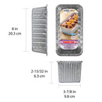Handi-Foil aluminum loaf pan shown front, side and end with printed dimensions and product label
