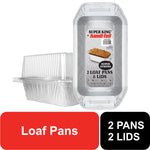 Handi-Foil Super King aluminum loaf pans with clear plastic lids and front label showing loaf image