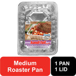 Single Handi-Foil medium aluminum roaster pan with product label and graphic callouts reading 'Medium Roaster Pan'