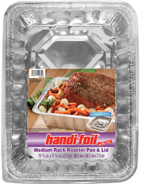 Top-down view of a Handi-Foil medium aluminum roaster pan with full product label showing roast and vegetables