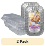 Two stacks of rectangular aluminum mini loaf pans with clear plastic lids and a labeled front package