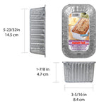 Dimensional diagram of an aluminum mini loaf pan showing height, width and side profile with product label