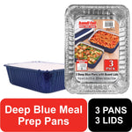 Handi-foil labeled aluminum oblong meal prep pan with folded clear lid and packaging insert showing blue pans