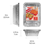 Product diagram showing Handi-foil aluminum oblong pan front, side, and end views with dimensions labeled