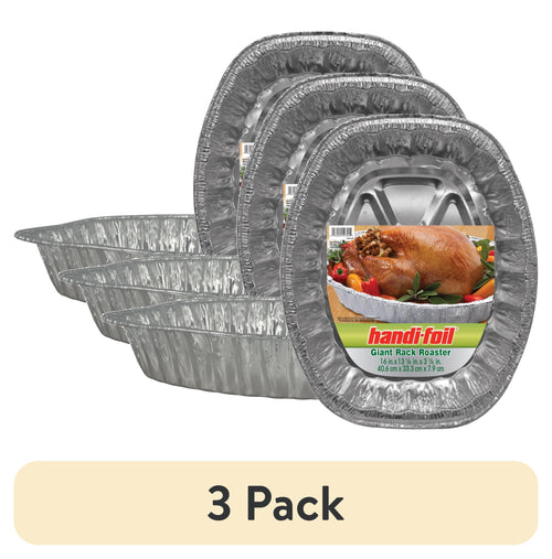 Three stacked Handi-Foil oval aluminum roasting pans with a product label showing a roasted turkey