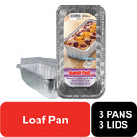 Handi-Foil branded pack of three disposable aluminum loaf pans with printed product label on front
