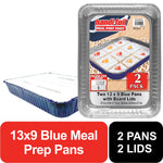 Packaged Handi-foil meal prep pans with label showing blue 13x9 pan and 2-pack callout