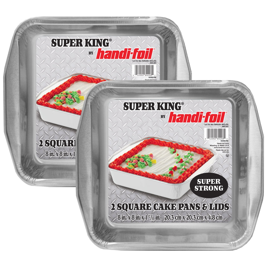 Two packaged Handi-Foil Super King 8-inch square aluminum cake pans with label artwork and cake illustration on the front.