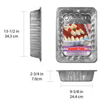 Dimensions diagram of a Handi-Foil aluminum pan and lid with front-facing product label and side profile view