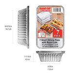 Handi-foil product sleeve with dimensional callouts flanked by side and front views of a small oblong aluminum pan.