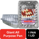 Aluminum all-purpose pan with clear plastic lid and branded handi-foil label showing filled pasta dish
