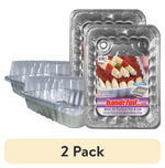 Two disposable aluminum baking pans with clear plastic lids and retail label showing stuffed pasta