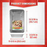 Handi-Foil giant pasta pan with product dimensions callouts showing 19-9/16 in by 11-5/8 in by 3-3/16 in