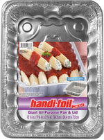 Close-up of a Handi-Foil branded aluminum pan label showing stuffed pasta photo and product text